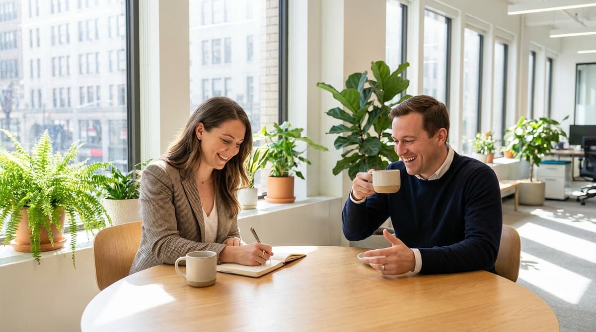 Colleagues chatting over coffee