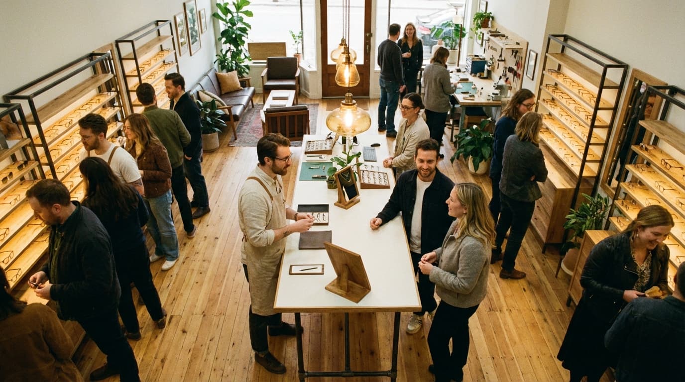 Busy optical dispensary aerial view