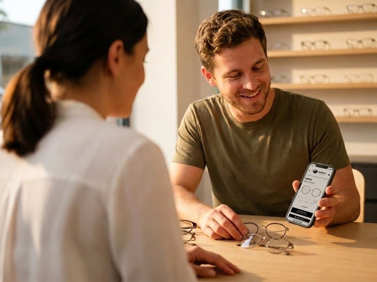 A patient shows the optician the frames he found on his phone, with a few pairs on the table