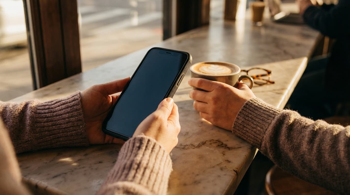 Patient browsing frames on phone before appointment