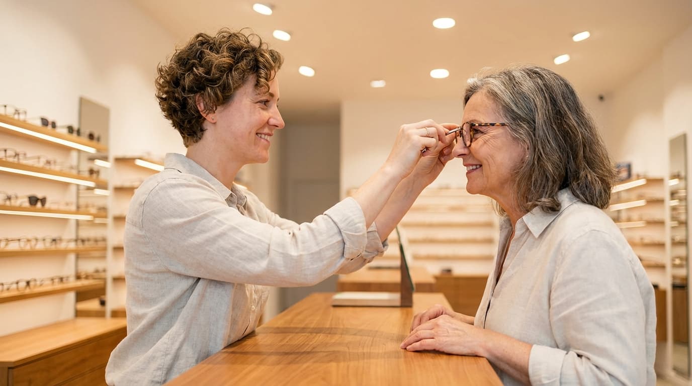 Optician fitting frames on patient in dispensary