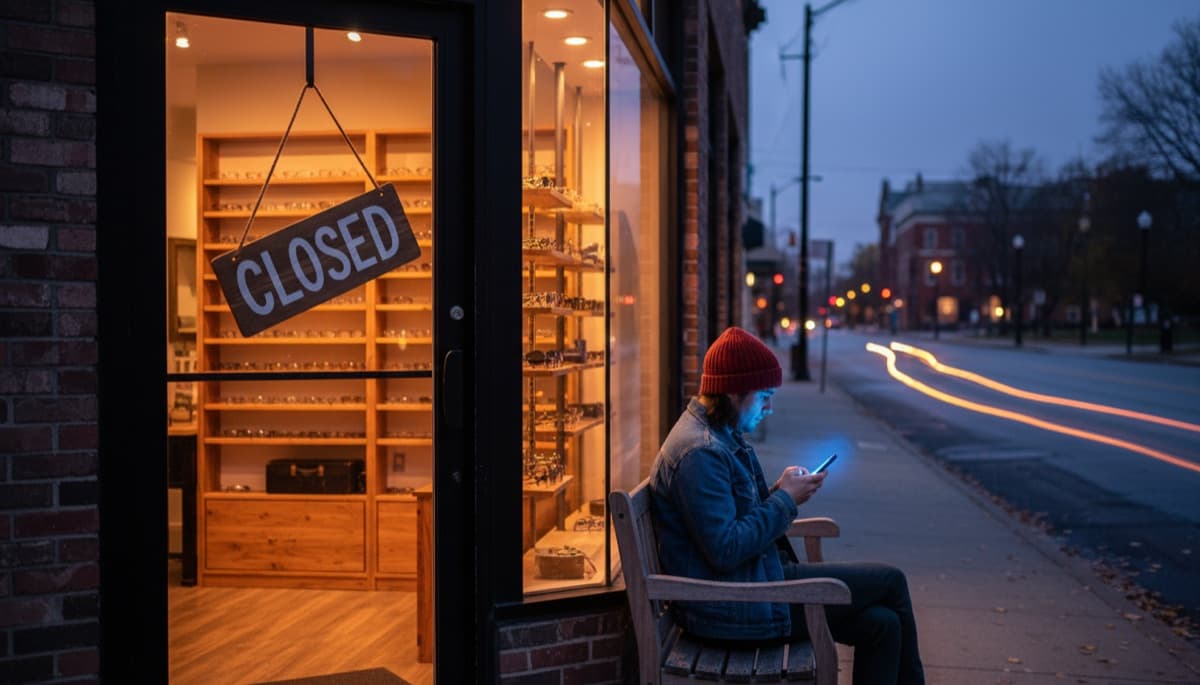 Patient browsing frames on phone outside closed practice at night