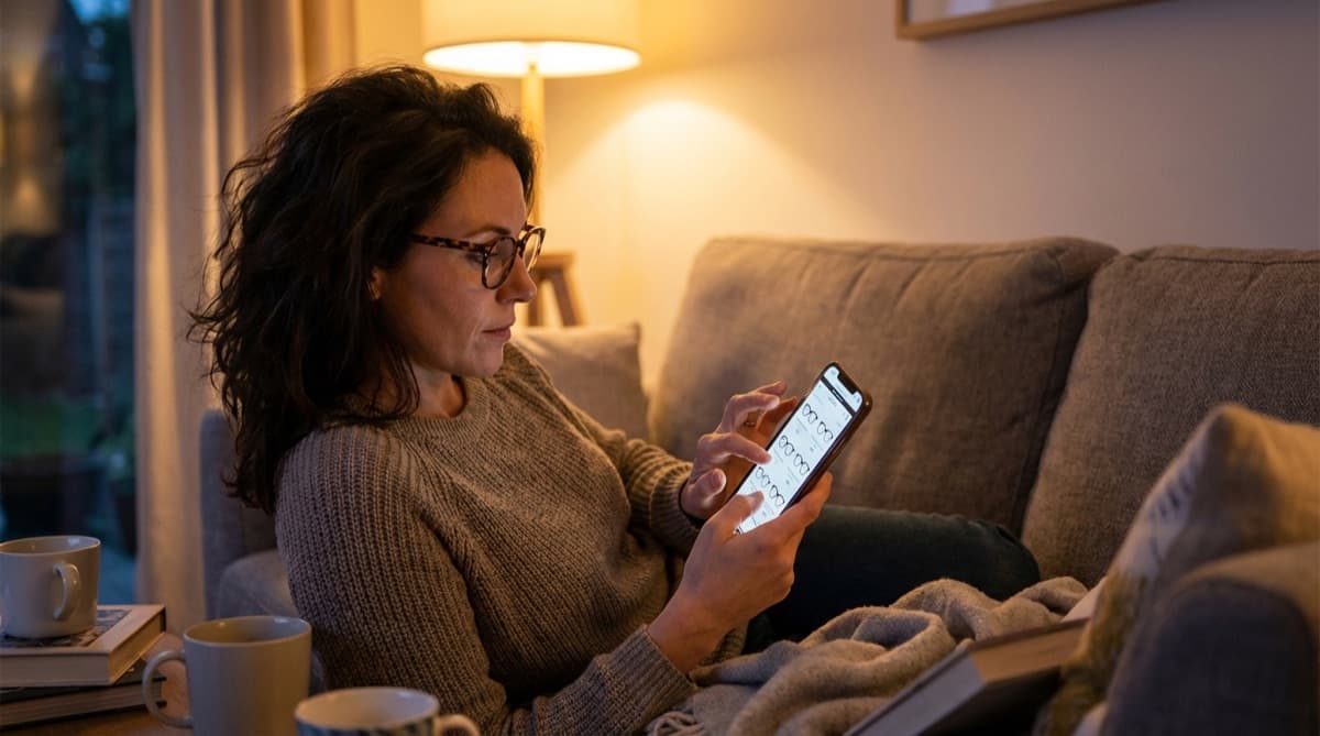 Patient browsing frames on phone from couch at night