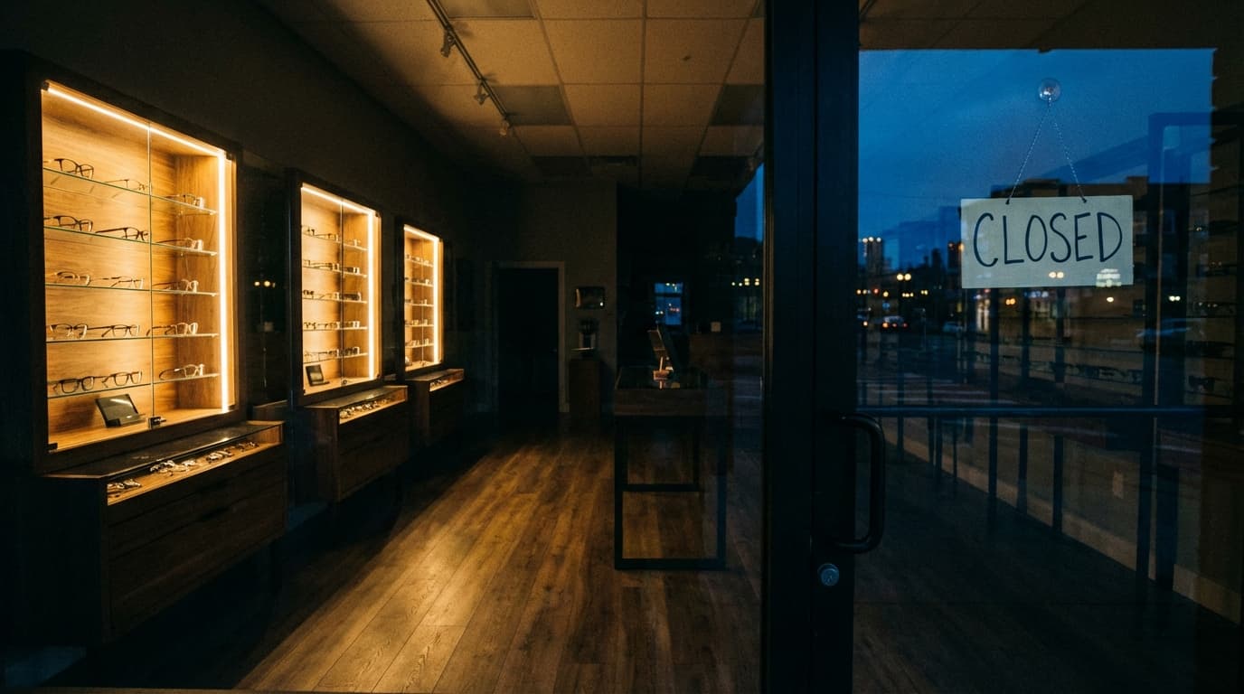 Empty optical dispensary after hours with warm accent lighting