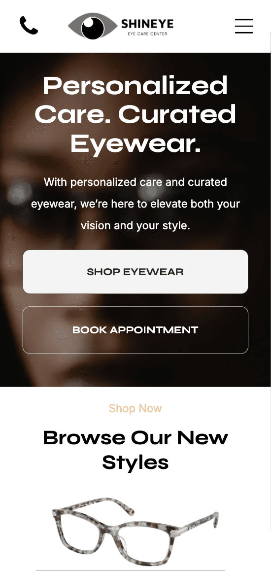 Shine Eye practice website powered by Optify — mobile